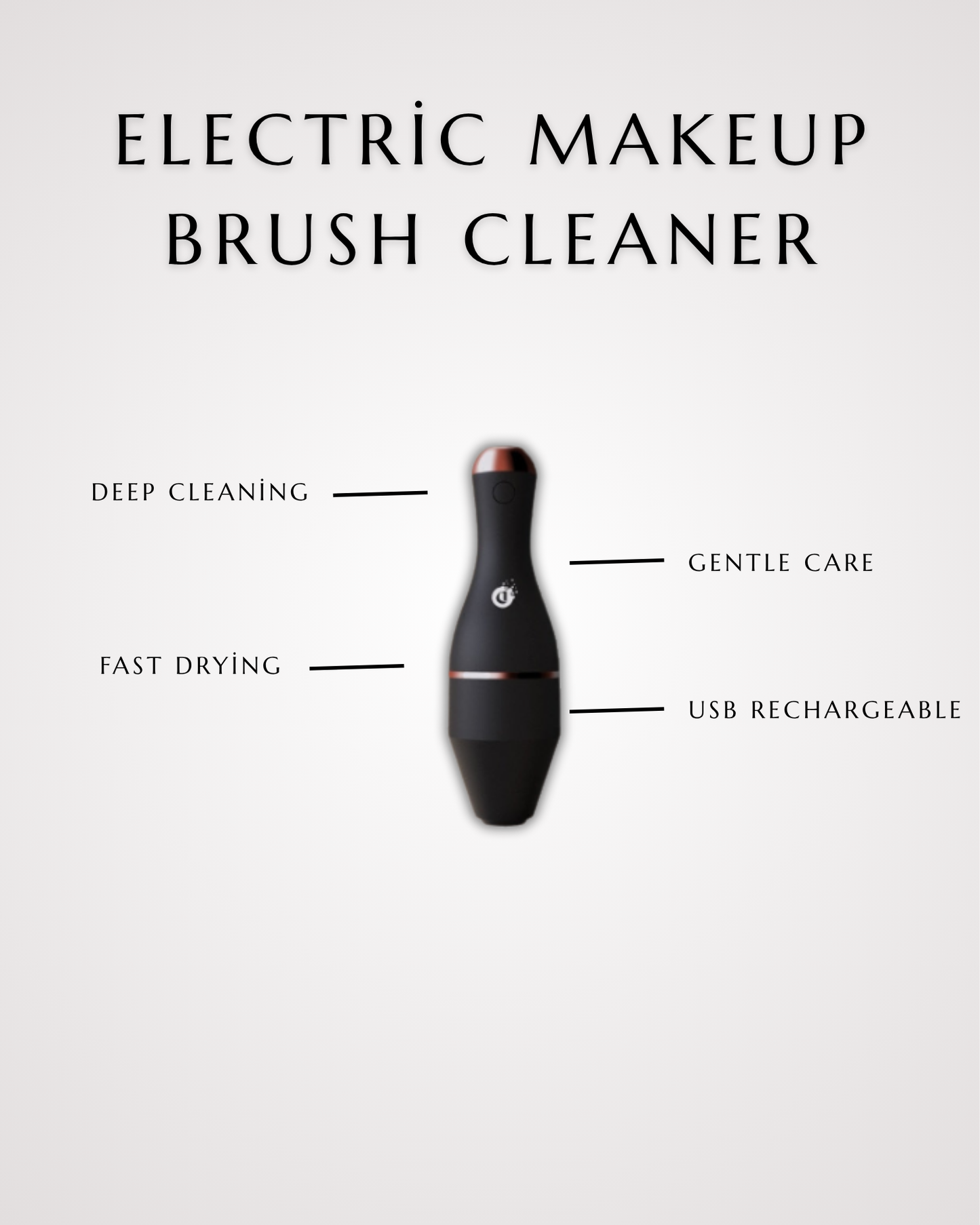 Electric makeup brush cleaner with features listed on a white background