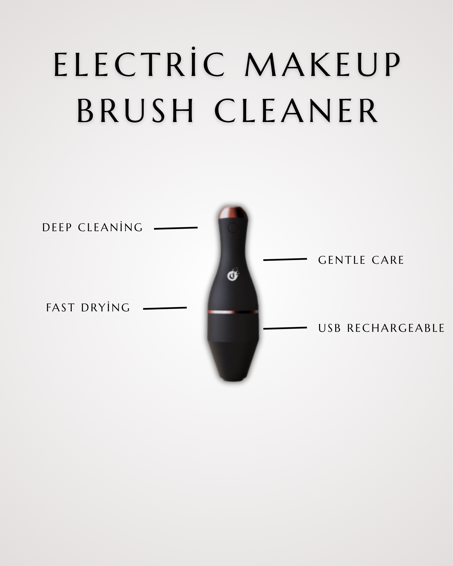 Electric makeup brush cleaner with features listed on a white background