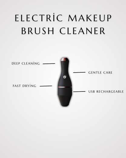 Electric makeup brush cleaner with features listed on a white background